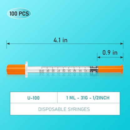 U-100 1ml/cc 31 Gauge 1/2 Inch Syringe, Individually Wrapped, Pack of 100. - size: 1ml-31G 1/2"-orange, style: 100