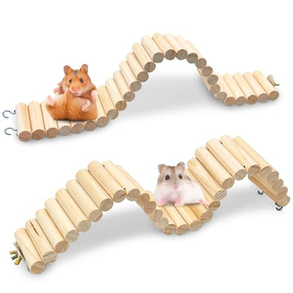 kathson 2Pcs Wooden Hamster Suspension Ladder Bridge,Bendable Long Climbing Ladders Pet Cage Toy Accessories Hideout Natural Chew Balls for Mouse Chipmunk Rabbits and Other Small Animals - size: 15.7 x 2.4 inches