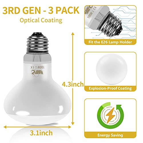 LUCKY HERP New Upgrade 3 Pack 100W Reptile Heat Lamp Bulb (3nd Gen, Safer), Amphibian UVA Heat Light Bulb, Reptile Basking Daylight Spot Lamp Bulb for Bearded Dragon, Lizard, Tortoise Heating Use - size: 100*3