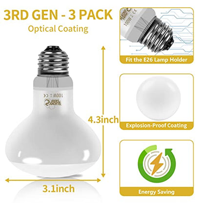 LUCKY HERP New Upgrade 3 Pack 100W Reptile Heat Lamp Bulb (3nd Gen, Safer), Amphibian UVA Heat Light Bulb, Reptile Basking Daylight Spot Lamp Bulb for Bearded Dragon, Lizard, Tortoise Heating Use - size: 100*3