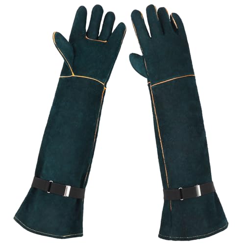 Animal Handling Gloves - 23.6 inch Bite Proof Gloves, Anti Scratch Cowhide Leather for Cat Grooming, Snake Animal Handling - color: Green