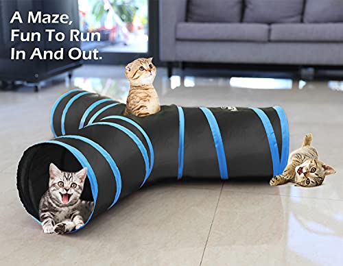 Pawaboo Cat Tunnel Tube 3-Way Tunnels, Blue, 25x53cm | Extensible Collapsible, Cat Play Tent Interactive Toy Maze, Cat House Bed, With Balls and Bells - color: A-Blue, size: 3 Way