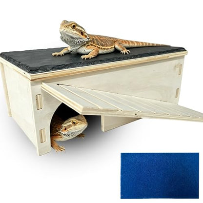 Bearded Dragon Basking Platform Gecko Hide Wood Reptile Hide Cave | Large,12.9"×7.1"×4.7",Detachable,Installation Instructions,with Slate Rock Mat,for Gecko Chameleon Snake Crested Gecko - size: Large