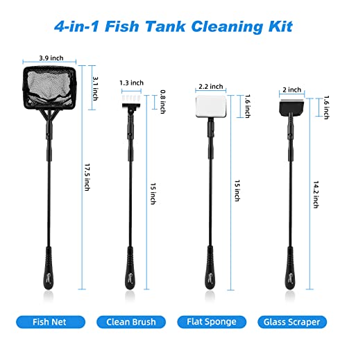 hygger Small Fish Tank Cleaner, Aquarium Cleaning Tools Kit with Handle, Seaweed Scraper, Fishing Net, Sponge Brush,Wall Brush (M) - size: Medium