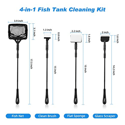 hygger Small Fish Tank Cleaner, Aquarium Cleaning Tools Kit with Handle, Seaweed Scraper, Fishing Net, Sponge Brush,Wall Brush (M) - size: Medium