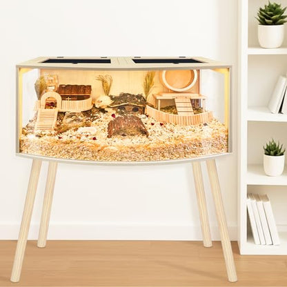 PROLEE Hamster Cage with Curved Design, Chew Proof Wooden Hamsters Enclosure with Leg Stand and Openable Top for Gerbils,Hamster Habitat, 48x20x20 Inch - size: 48.0"L x 20.0"W x 20.0"H