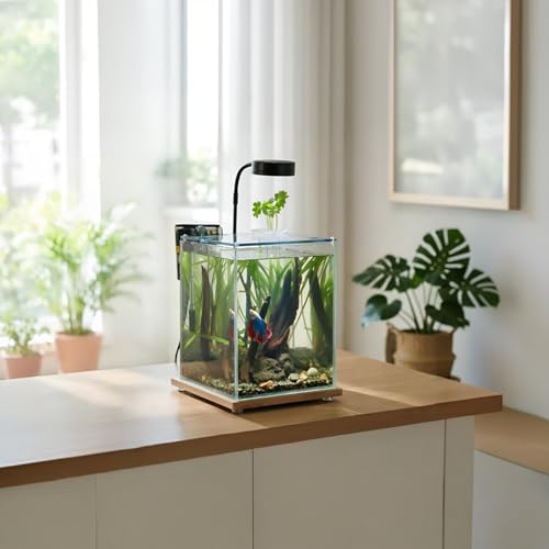 2.5 Gallon Nano Aquarium Kit with Bamboo-Base LED Light, Hanging Filter & Hydroponic-Ready Lid – Ideal for Betta, Shrimp, or Aquatic Plants