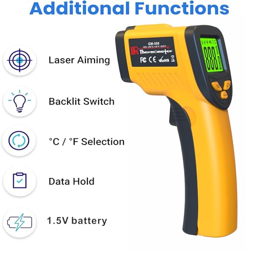 DEASOMIYE Infrared Laser Thermometer, Digital Infrared Laser Thermometer Gun with Adjustable Emissivity, IR Thermometer Temperature Gun for Cooking, Pizza Oven & Engine, -58℉～1022℉(-50℃～550℃) - color: Yellow