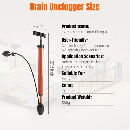 Toilet Unclogger Drain Auger Plunger for Kitchen,Sink,Bathroom,Shower,Floors Drain,No Extra Accessories, Lightweight & Easy to Use for Women & Elderly, Clog Remover Tool Fits NPS 1.5-4.5" Pipes | Kitchen, Sink, Bathroom, Shower, Floors Drain, No Extra Acc