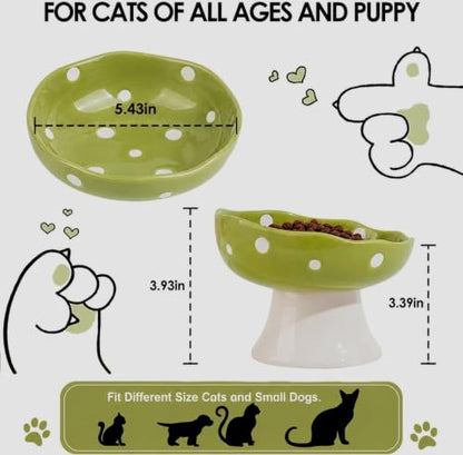 Mushroom Cat Bowl, Elevated Ceramic Cat Bowl, Avocado Green | Cute Mushroom Design • Avocado Green • Elevated Feeding • Whisker Friendly • Smooth Ceramic - color: Avocado Green