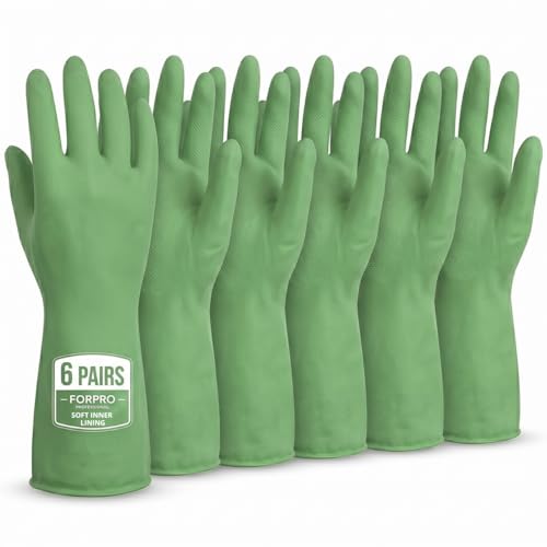 ForPro Natural Rubber Gloves, 6 Pairs Reusable Multi-Purpose Household Cleaning Gloves with Soft Inner Lining, Waterproof & Chemical-Resistant, Lime Zest, X-Large - color: Lime Zest, size: X-Large