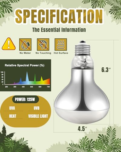 Heat Lamp Bulbs, 125 Watts UVA UVB Reptile Heat Bulb, 2 Pack | Full Spectrum, Basking Spot Light, Simulate Natural Sun Light, For Reptile and Amphibian, Silver