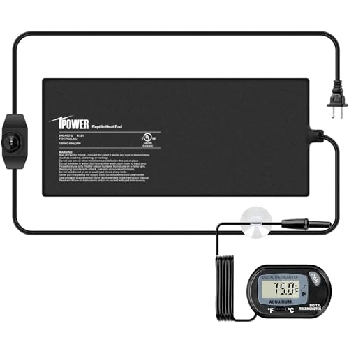 iPower 8x18 Inch Reptile Heating Pad with LCD Digital Aquarium Thermometer, Reptile Heat Mat with Adjustable Temperature Control for Reptiles - color: Black/Heat Pad with Adjust Knob+ Thermometer, size: 8" x 18"