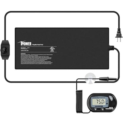 iPower 8x18 Inch Reptile Heating Pad with LCD Digital Aquarium Thermometer, Reptile Heat Mat with Adjustable Temperature Control for Reptiles - color: Black/Heat Pad with Adjust Knob+ Thermometer, size: 8" x 18"