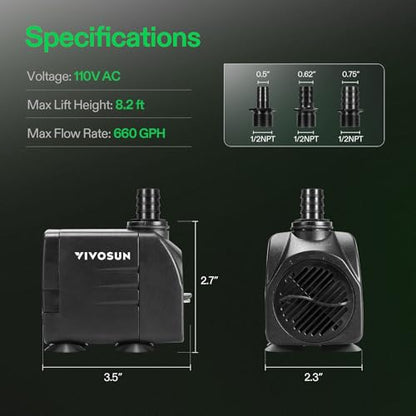 VIVOSUN 660GPH Submersible Fountain Water Pump for Pond, Aquarium, Statuary | 2500L/H 35W Aquarium Pump, Ultra Quiet Fountain Pump with 8.2ft/2.5m High Lift for Fish Tank, Hydroponics - size: 6"×4"-660
