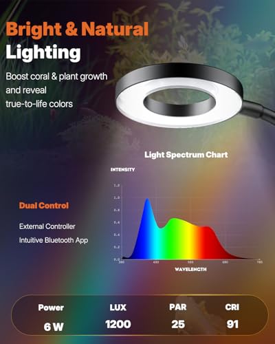 Pawfly 6W Smart Bluetooth Fish Tank Clip Light, Full Spectrum LED Aquatic Light with 24-Hour Cycle Timer & Variable Brightness, USB Supply for 1-5Gal Small Tanks (Adapter Not Included) - size: For 1 to 5 Gallon Fish Tank（Bluetooth）