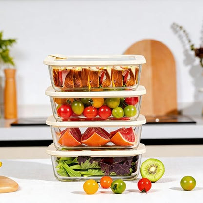 Glass Food Storage Containers with Glass Lids, Microwave Safe Food Container Set, Airtight Food Container Set, LeakProof, 100% Plastic Free, White Color, 4pack - color: ‎Ivory White -4s
