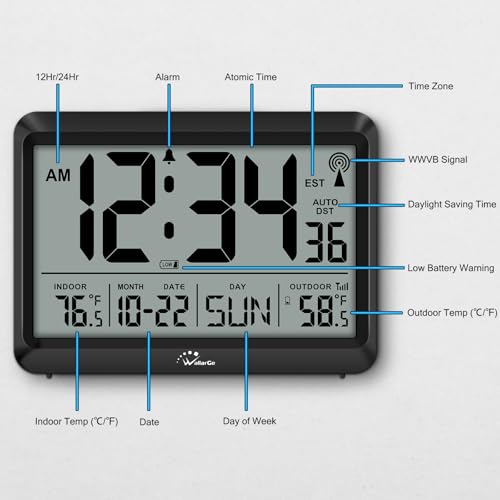8.5'' Digital Atomic Clock with Indoor Outdoor Temp | Battery Operated Self-Setting Clock with Day and Date, 4 Time Zones, Auto DST, Suitable for Classroom, Office, Living Room - size: 8.5 INCH