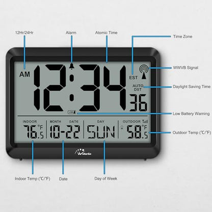 8.5'' Digital Atomic Clock with Indoor Outdoor Temp | Battery Operated Self-Setting Clock with Day and Date, 4 Time Zones, Auto DST, Suitable for Classroom, Office, Living Room - size: 8.5 INCH
