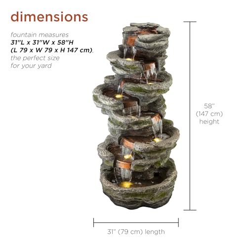 Alpine Corporation WIN1146 Outdoor Floor Cascading 8 Tiered Rock Garden Water Fountain with LED Lights, 58", Gray - style: 58" H - 8-Tier Warm White LEDs
