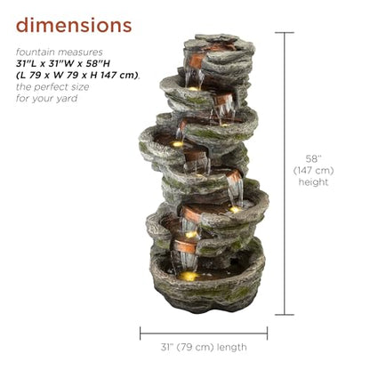 Alpine Corporation WIN1146 Outdoor Floor Cascading 8 Tiered Rock Garden Water Fountain with LED Lights, 58", Gray - style: 58" H - 8-Tier Warm White LEDs