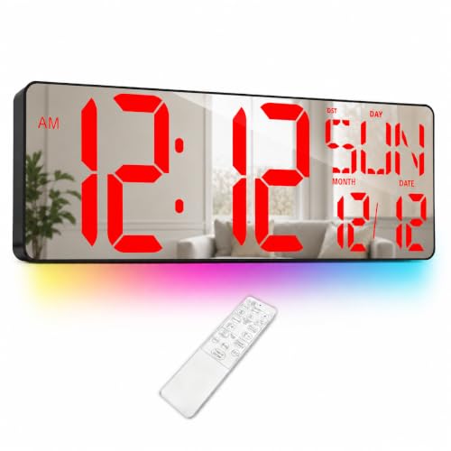 17.2-Inch Large Mirror Digital Wall Clock with Remote Control, RGB Mood Light, Extra-Large LED Display, Auto Dimming,Date, Day, Temp, Countdown Timer for Home, Gym, Office and Classroom (Red) - color: Red