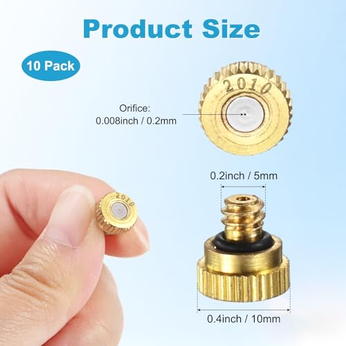 M METERXITY 10-Pack Brass Misting Nozzles, 0.008inch/0.2mm Orifice Heavy Duty 10/24 UNC Screw Thread Misting Nozzle Plug for Outdoor Spray Cooling System/Patio Mist System/Dust Control - size: 0.008inch/0.2mm