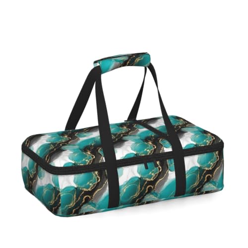 Hot Cold Food Carrier Tote Abstract Turquoise Print | Abstract Black White Green Turquoise Marble, Insulated Single Carrier with Handles Zipper Fits 9x13 Baking Dish Picnic - color: Pattern (768)