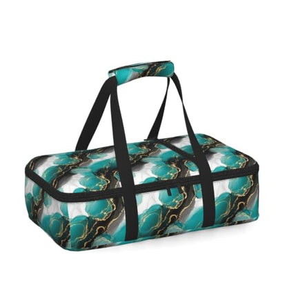 Hot Cold Food Carrier Tote Abstract Turquoise Print | Abstract Black White Green Turquoise Marble, Insulated Single Carrier with Handles Zipper Fits 9x13 Baking Dish Picnic - color: Pattern (768)