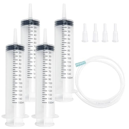 150cc Plastic Syringe - Large Syringe for Liquid with 40" Tubing, Syringes for Liquid, 4 Pack - size: 150ml