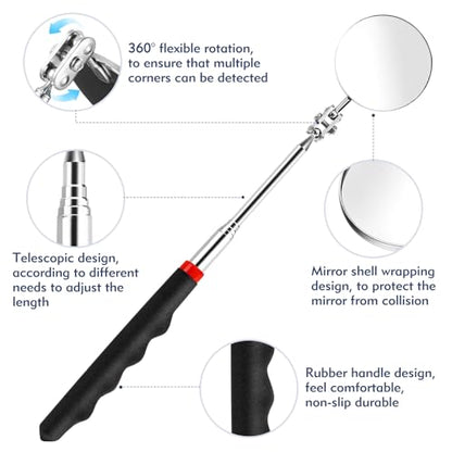 CdbC 4 Pcs Telescoping Mirrors, LED Lighted Inspection Mirror Telescoping, 360 Rotation Mechanic Mirror Extendable, Flexible Telescopic Mirrors Tool for Checking Vehicle Observing Small Parts