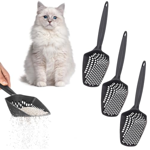 Set of 3 Cat Litter Scoop with Small Holes for Fine Litter, Hanging Handle Deep Reptile Terrarium Sand Sifter, Poop Scooper Rabbit Pooper Lifter Kitten Sifting Shovel (Black, Set of 3) - color: Black, size: Set of 3