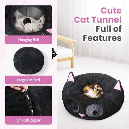 Baseola Fuzzy Cat Tunnel Bed for Indoor Cats, 2-in-1 Interactive Cat Toys | Peekaboo Cat Cave with Washable Mat, Collapsible Cat Play Tunnel for Kittens & Small Pets, Cat Donut Bed Tunnel, Black Pink - color: Black Pink