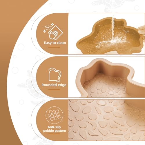 3PCS Tortoise Water Dish with Leaf Reptile Food Dish, Brownish | Anti-slip Reptile Bathing Pool with Ramp, Smooth Tortoise Water Dish Turtle Pool for Lizard Gecko Snake Frog Amphibians - color: Brownish Yellow