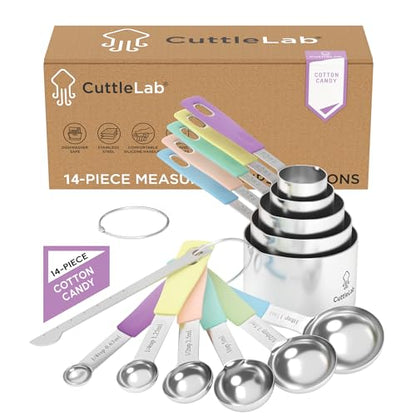 Measuring Cups and Measuring Spoons Set of 14 - Stainless Steel Measuring Cups and Spoons Set, Includes 1/8 Teaspoon Measuring Spoon, 1/8 Cup Measuring Cup, Leveler Dry (14,Cotton Candy) - color: Cotton Candy