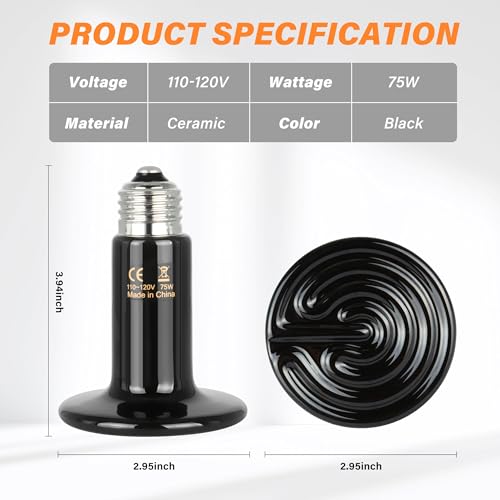HealSmart Reptile Heat Lamp 75W 2-Pack Ceramic Heat Emitter, No Light Emitting Heat Bulbs for Amphibian Pet Brooder Coop Incubating Chicken, Lizard Bearded Dragon Turtle Snake Terrarium, Black - size: 75 Watts, style: D-75mm (2.95")