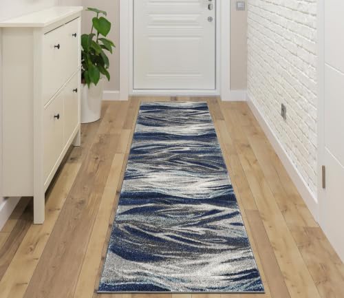 Keen Home Design Runner Rugs - 32"x119" Non-Shedding, Thick Pile Abstract Rugs for Kitchen, Living Room, Bedroom, Dining Room, Entryway - Size: 2'8" x 9'11", Skrik Navy - color: Skrik Navy, size: 2'8" x 9'11" (Runner)