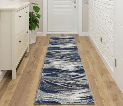 Keen Home Design Runner Rugs - 32"x119" Non-Shedding, Thick Pile Abstract Rugs for Kitchen, Living Room, Bedroom, Dining Room, Entryway - Size: 2'8" x 9'11", Skrik Navy - color: Skrik Navy, size: 2'8" x 9'11" (Runner)