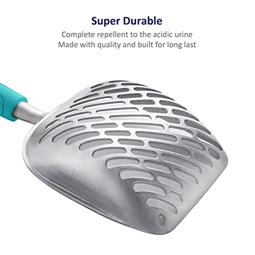 Cat Litter Scoop, Aluminum Alloy Sifter, Kitty Metal Scooper, Deep Shovel with Diagonal Sifting Hole, Long Handle, Kitten Poop Lifter for Litter Box, Large Size, Turkish Blue Handle - color: #02 Turkish Blue, size: Large
