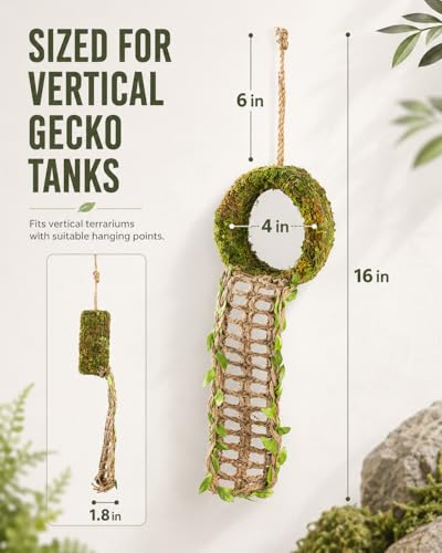 Crested Gecko Hide, Hanging Moss-Style Reptile Hideout with Rope Ladder, Crested Gecko Tank Accessories for Vertical Terrariums, 16 in Crested Gecko Decor & Gecko Tank Accessories