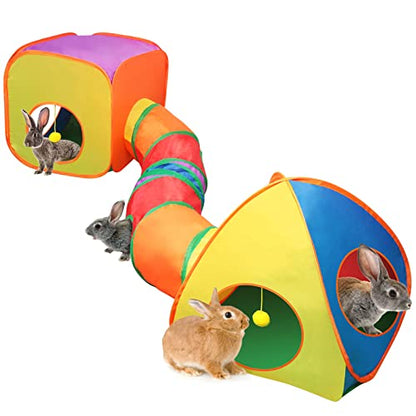YUEPET Rabbit Tunnel & Cube Tent, Bunny Hideout, Guinea Pig Tunnel, Rainbow | Foldable 3-in-1 Set, Bunny Tunnel, Crinkle Fabric, Play Ball Included, Configurable Shapes, Rainbow Design - color: Rainbow