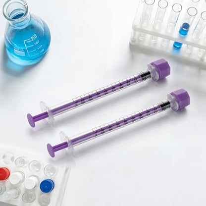 1ml/cc Syringes with Cap - Plastic Syringe for Liquid, Feeding, Pack of 50 | Purple , Individually Wrapped - size: 1ml syringe with cap