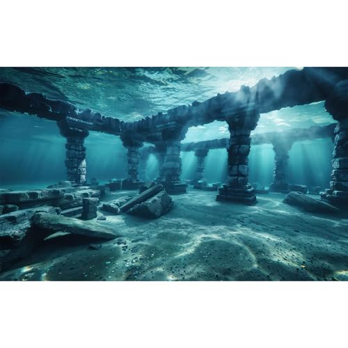 Under The Sea Aquarium Background Deep Sea Ancient Marine Ruins Fish Tank Background Underwater Enigmatic Ocean Submerged Structures Terrarium Backgrounds Sea Waves Reptile Tank Backgrounds 48x20in - color: Blue, size: 48(W)x20(H)in