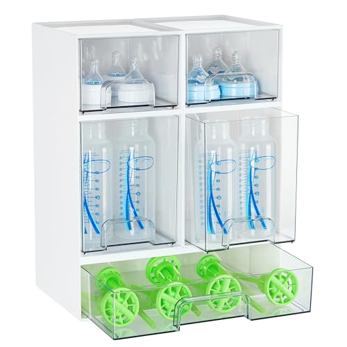 Vtopmart Stackable Storage Drawers Set of 5, Plastic Organizer Bins for Baby Bottle, Beauty Supplies Storage, Ideal for Kichen Countertop, Vanity, Bathroom, Cabinet, Pantry Organization,White - style: White-2 Small+2 High+1 Wide