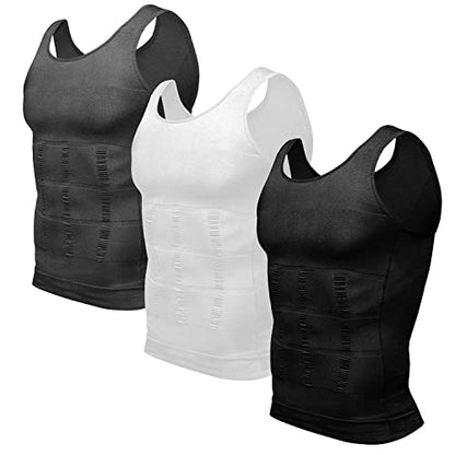 Odoland Men Compression Shirt 3 Pack Body Shaper Vest Tank Top | Nylon & Spandex, Moisture-wicking Tummy Shaper for Gym, Running, Daily, Breathable, Stretchy - color: Grey/Black/White, size: 3X-Large