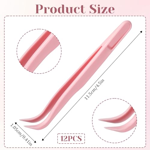 Xelsluthe 12 Pack Plastic Tweezers for Crafts, 4.5 Inch Bent Tweezers for Jewelry Making, Baking Decoration, Reptile Feeding, Bead Bracelets, Pink