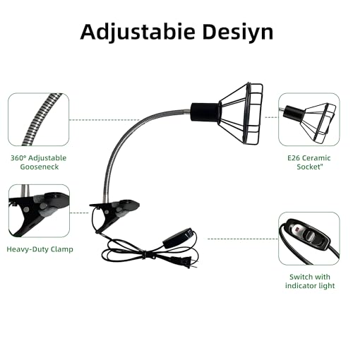 Reptile Heat Lamp Holder with Clamp, Ceramic Heat Emitter Fixture, Gooseneck for Terrarium, Lizard, Turtle, Bearded Dragon, 360-Degree Rotary Arm, High-Temperature Resistant, Maximum Load: 500W