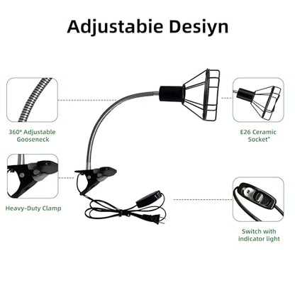 Reptile Heat Lamp Holder with Clamp, Ceramic Heat Emitter Fixture, Gooseneck for Terrarium, Lizard, Turtle, Bearded Dragon, 360-Degree Rotary Arm, High-Temperature Resistant, Maximum Load: 500W