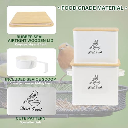 Bird Seed Storage Container Set of 2,10LB Bird Food Container-White | Metal Bird Seed Container with Bamboo Lids, Airtight Wild Bird Seed Tin for Storing Sunflower Seed-Squirrel proof - color: White(Bird Feed)