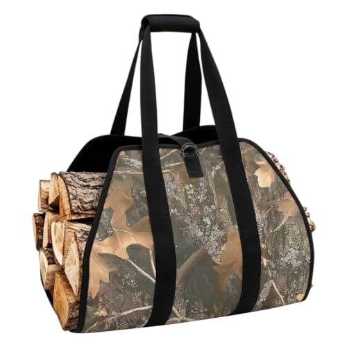 Tree Leaf Camo Print Firewood Log Carrier Tote | Open-Ended Design, Large Capacity, Waterproof Fabric, for Fireplaces, Bonfires and Wilderness Camping - color: Tree Leaf Hunting Camo Print